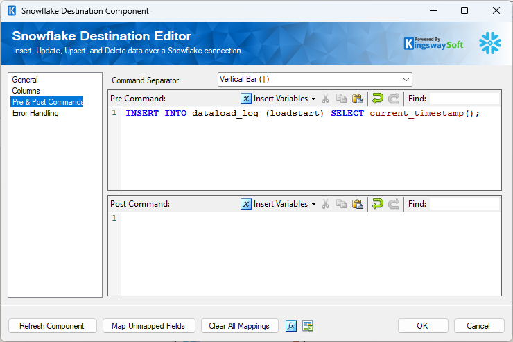 Snowflake Destination - Pre & Post Commands Page